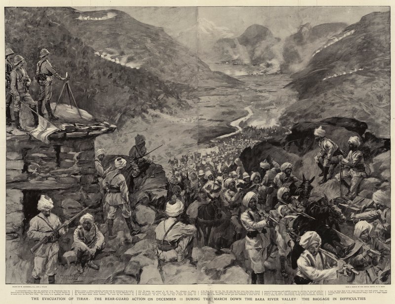 De evacuatie van Tirah, de achterhoedeactie op 13 december tijdens de mars door de Bara River Valley, de bagage in moeilijkheden door William Hatherell