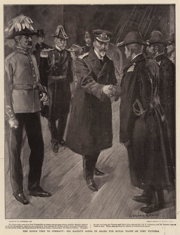 Het Bezoek van de Koning aan Duitsland, Zijne Majesteit gaat aan boord van het Koninklijk Jacht in Port Victoria door William Hatherell