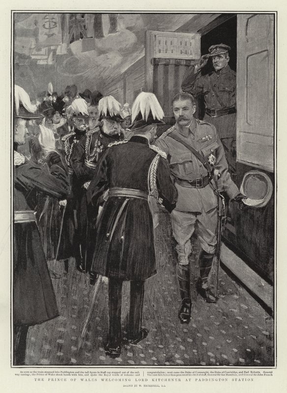 De Prins van Wales verwelkomt Lord Kitchener op Paddington Station door William Hatherell