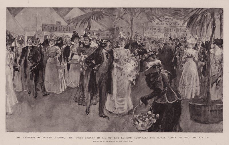 De Prinses van Wales opent de Pers Bazaar ten bate van het London Hospital, het Koninklijk Gezelschap bezoekt de Kramen door William Hatherell