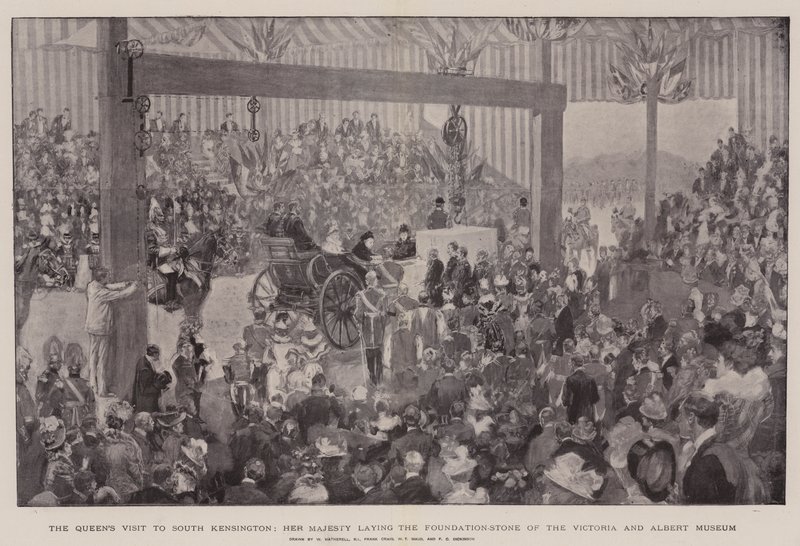 Het bezoek van de koningin aan South Kensington, Hare Majesteit legt de eerste steen van het Victoria and Albert Museum door William Hatherell