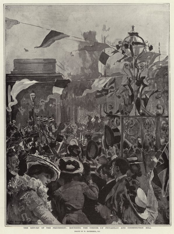 De terugkeer van de processie, om de hoek van Piccadilly en Constitution Hill door William Hatherell