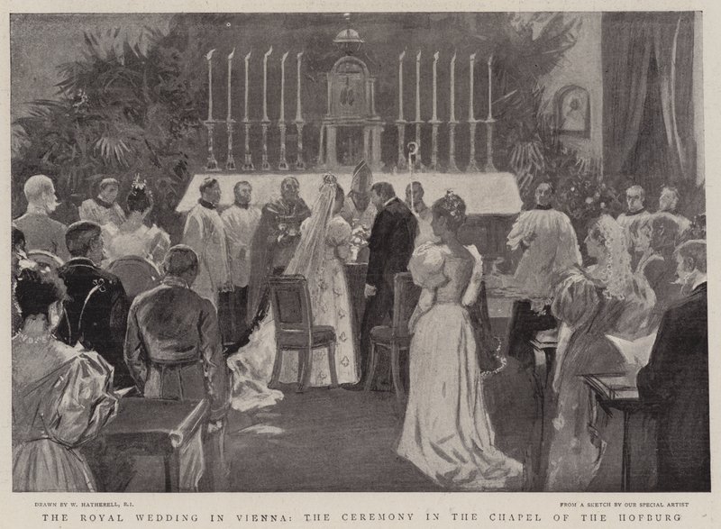 Het Koninklijk Huwelijk in Wenen, de Ceremonie in de Kapel van de Hofburg door William Hatherell