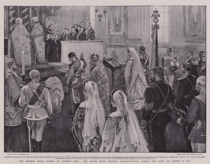 De Russische koninklijke familie in Zarskoe Selo, de grootvorst Michael Alexandrovitch legt de eed af bij het bereiken van de meerderjarigheid door William Hatherell