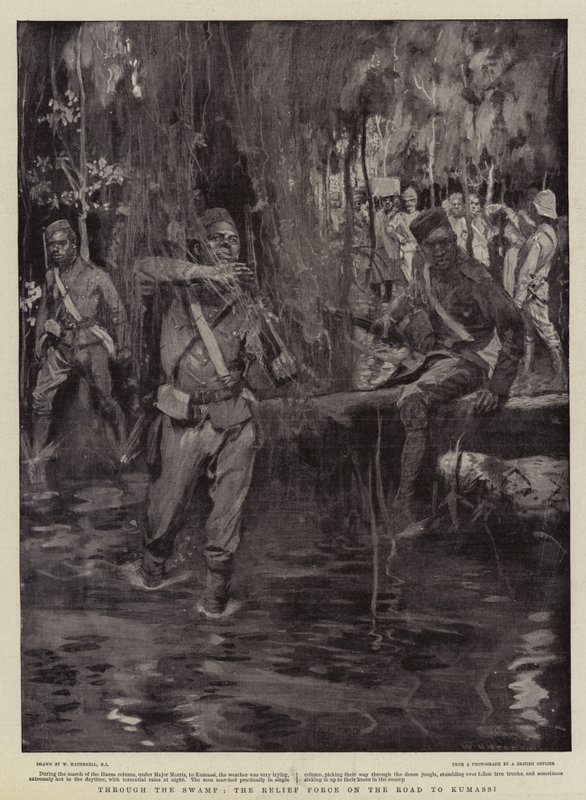 Door het Moeras, de Hulptroepen op Weg naar Kumassi door William Hatherell