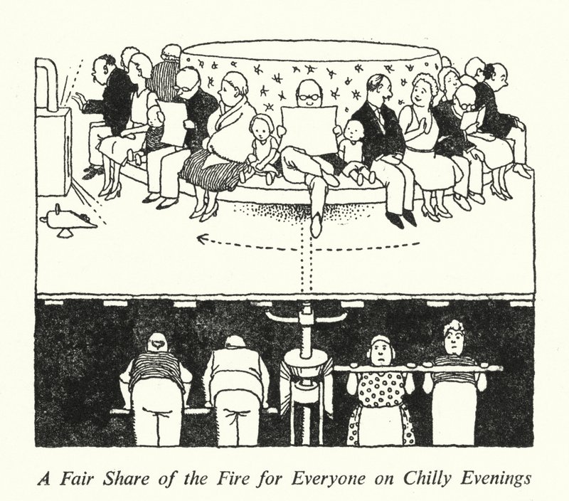 Een eerlijke verdeling van het vuur voor iedereen op koude avonden door William Heath Robinson