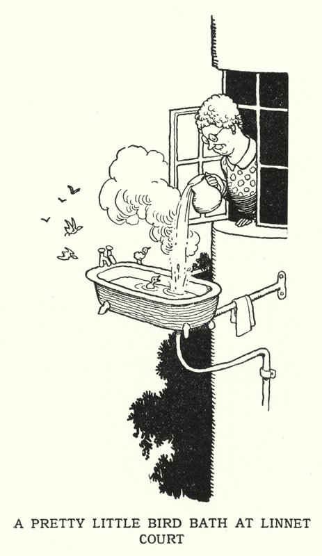 Een mooi klein vogelbad bij Linnet Court door William Heath Robinson