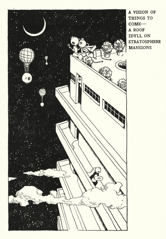 Een visioen van wat komen gaat, een dakidylle op Stratosphere Mansions door William Heath Robinson
