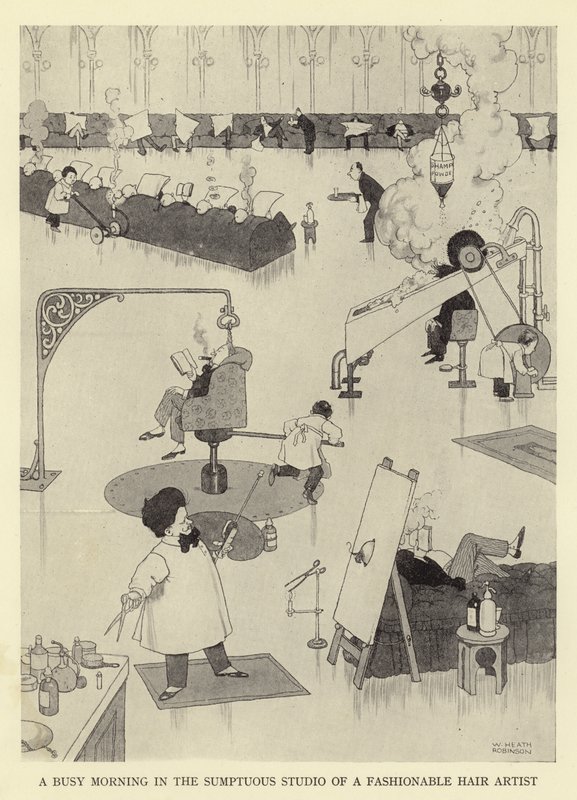 Een drukke ochtend in de weelderige studio van een modieuze haarartiest door William Heath Robinson