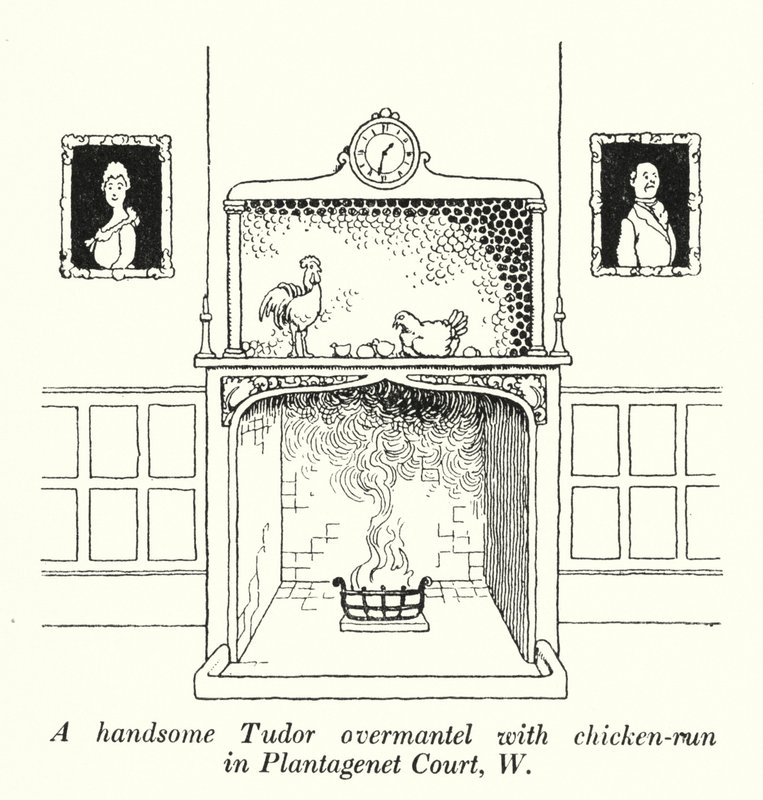 Een mooie Tudor schouw met kippenren in Plantagenet Court, W door William Heath Robinson