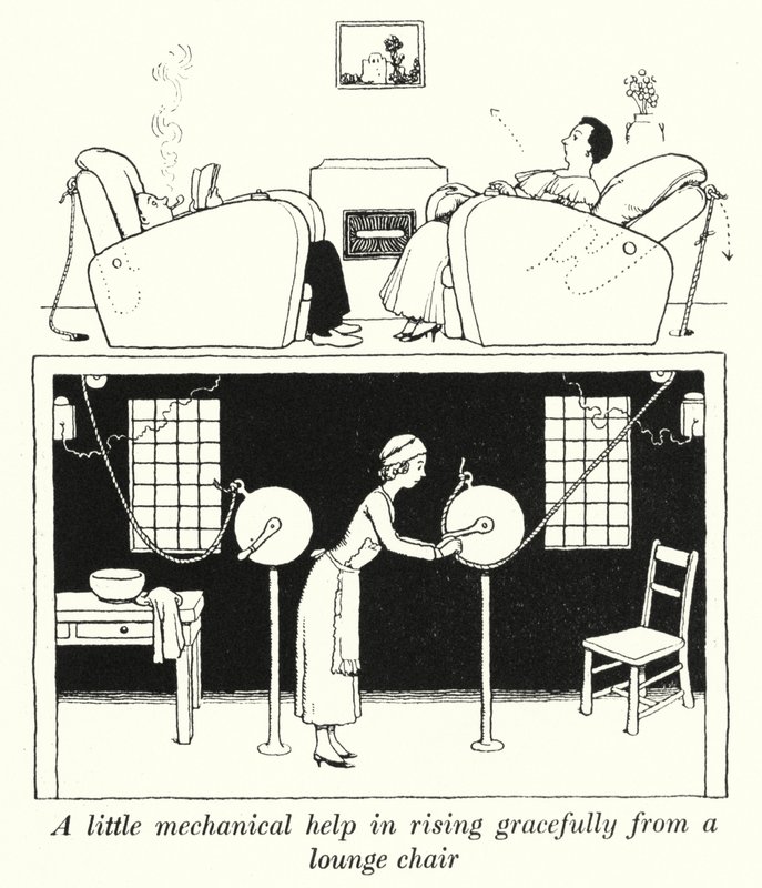 Een beetje mechanische hulp om gracieus op te staan uit een loungestoel door William Heath Robinson
