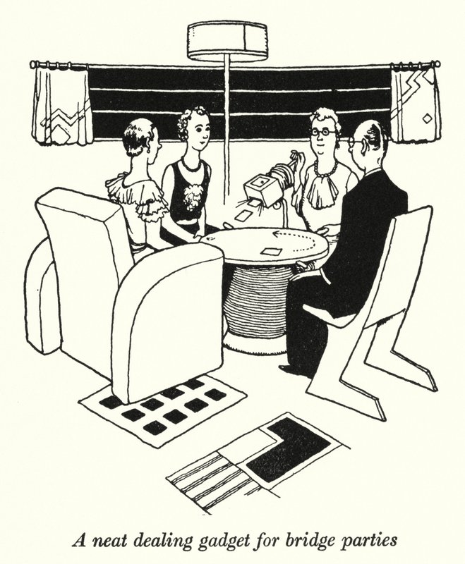 Een Nette Kaartverdeel Gadget voor Bridgepartijen (litho) door William Heath Robinson