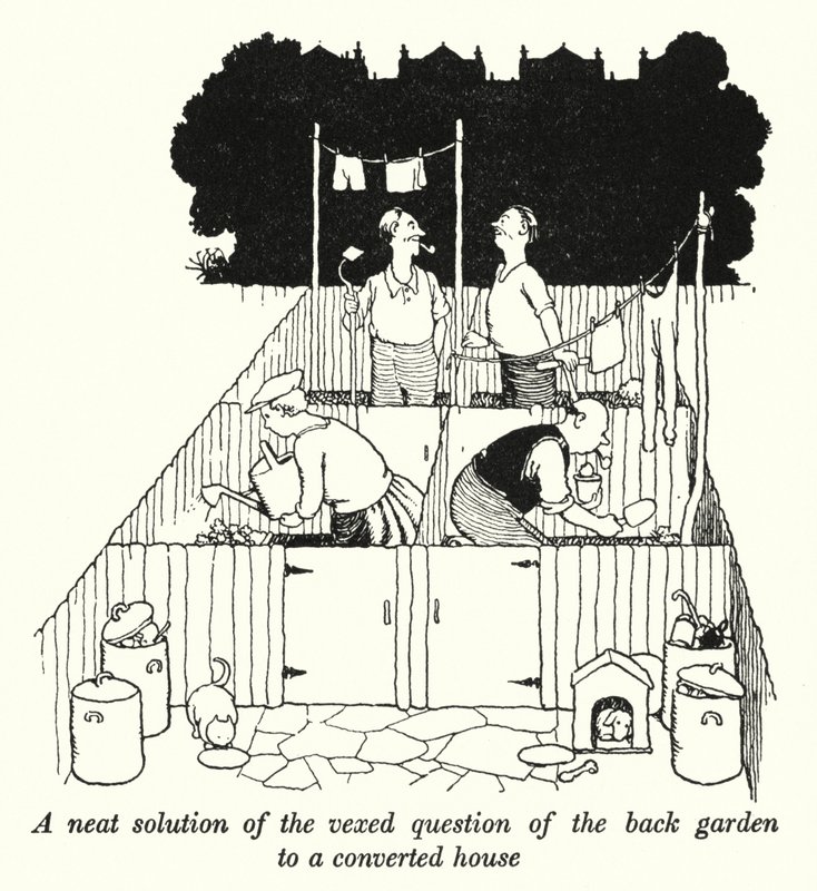 Een nette oplossing voor de moeilijke vraag van de achtertuin van een verbouwd huis door William Heath Robinson