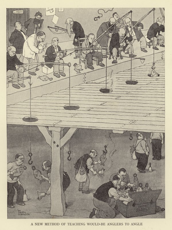 Een nieuwe methode om aspirant-vissers te leren vissen door William Heath Robinson