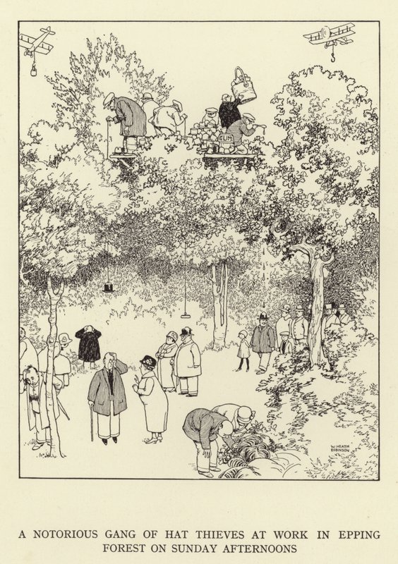 Een beruchte bende hoedendieven aan het werk in Epping Forest op zondagmiddagen door William Heath Robinson
