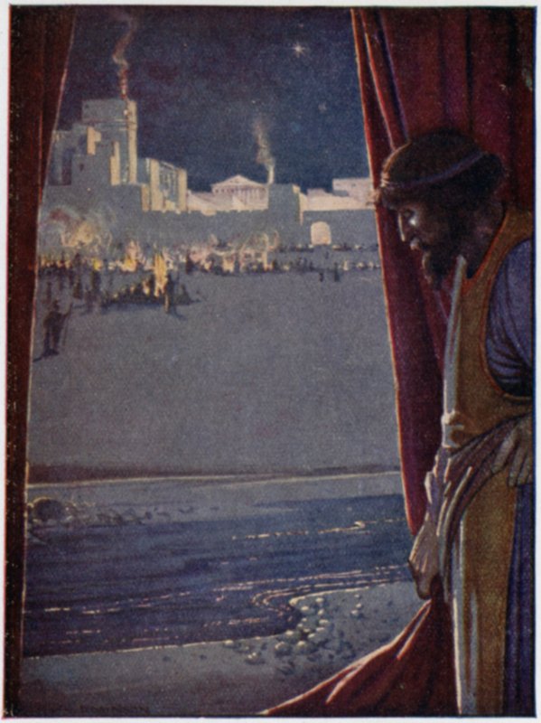 Agamemnon hoorde het geluid van fluit en pijp en het gelach van mannen terwijl de Trojanen feestvierden en plezier maakten door William Heath Robinson