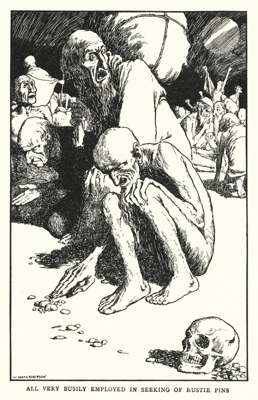 Allen zeer druk bezig met het zoeken naar roestige spelden (litho) door William Heath Robinson