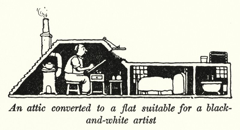 Een zolder omgebouwd tot een flat geschikt voor een zwart-wit kunstenaar door William Heath Robinson