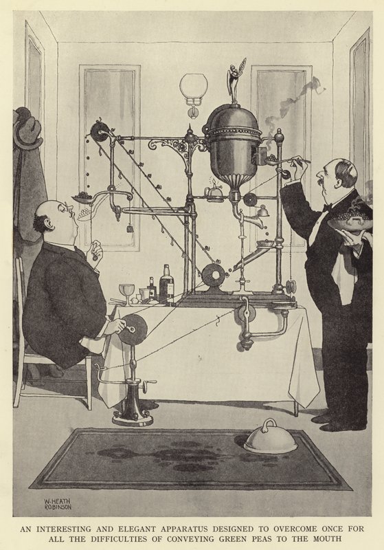 Een interessant en elegant apparaat ontworpen om voor eens en altijd de moeilijkheden van het naar de mond brengen van groene erwten te overwinnen door William Heath Robinson