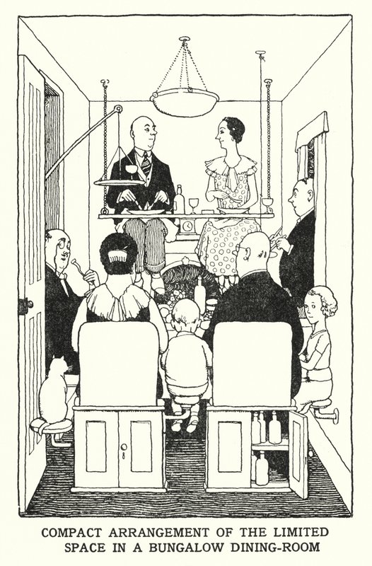 Compacte indeling van de beperkte ruimte in een bungalow-eetkamer door William Heath Robinson