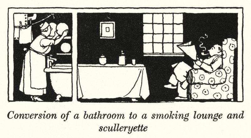 Omzetting van een badkamer naar een rooklounge en keukentje door William Heath Robinson