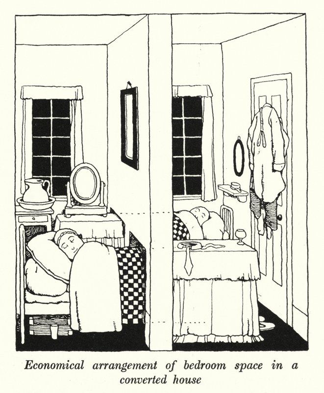 Economische Indeling van Slaapkamer Ruimte in een Omgebouwd Huis (litho) door William Heath Robinson