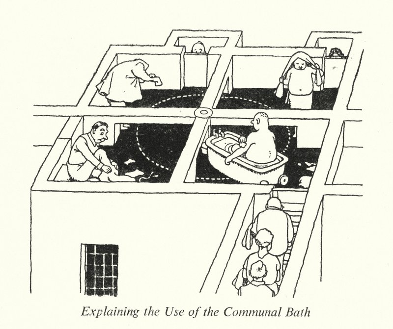 Uitleg over het gebruik van het gemeenschappelijke bad door William Heath Robinson