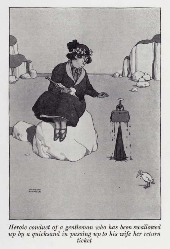 Heroïsch gedrag van een heer die is opgeslokt door drijfzand terwijl hij zijn vrouw haar retourticket aanreikt door William Heath Robinson