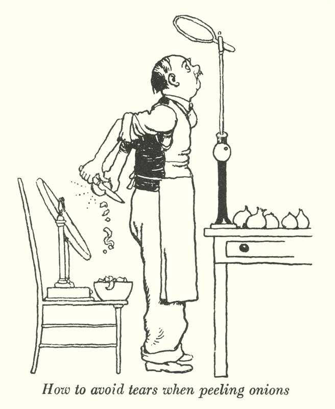 Hoe tranen te vermijden bij het pellen van uien door William Heath Robinson
