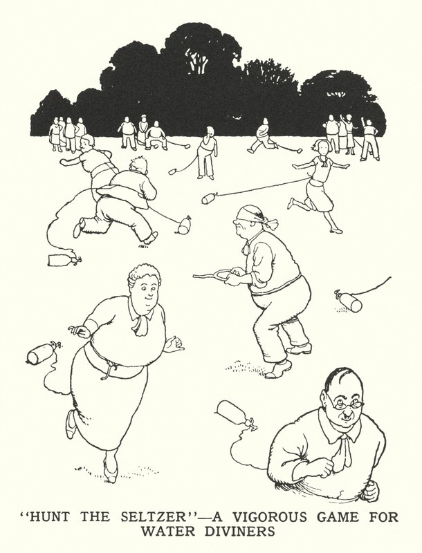 "Hunt the Seltzer", een energiek spel voor waterzoekers (litho) door William Heath Robinson