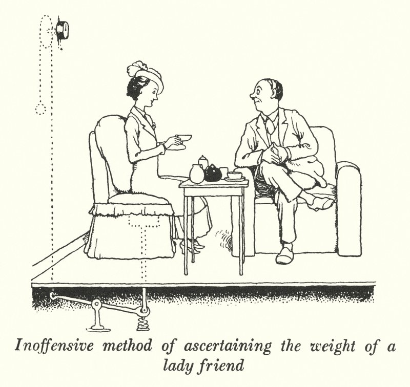 Onschadelijke methode om het gewicht van een vriendin te achterhalen (litho) door William Heath Robinson