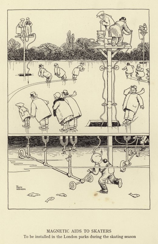 Magnetische hulpmiddelen voor schaatsers, te installeren in de Londense parken tijdens het schaatsseizoen door William Heath Robinson