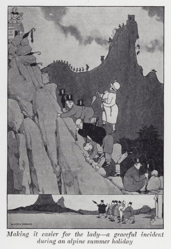 Het gemakkelijker maken voor de dame, een sierlijk incident tijdens een zomervakantie in de Alpen (litho) door William Heath Robinson