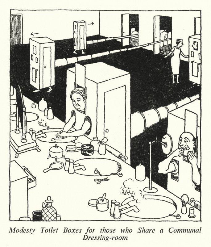 Bescheiden Toiletdozen voor degenen die een gemeenschappelijke kleedkamer delen door William Heath Robinson