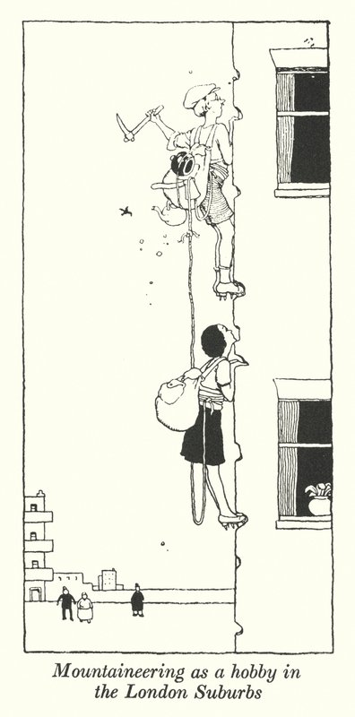 Bergbeklimmen als hobby in de Londense buitenwijken (litho) door William Heath Robinson