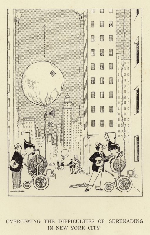 Overwinnen van de moeilijkheden van serenades in New York City door William Heath Robinson