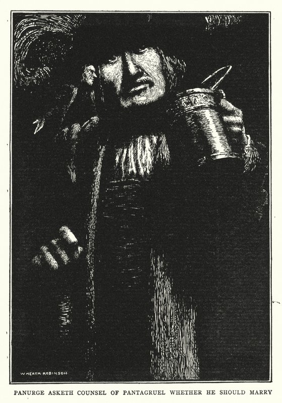 Panurge vraagt advies aan Pantagruel of hij moet trouwen door William Heath Robinson