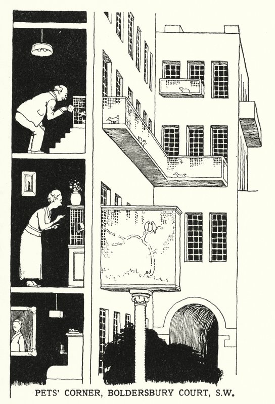 Huisdierenhoek, Boldersbury Court, SW door William Heath Robinson