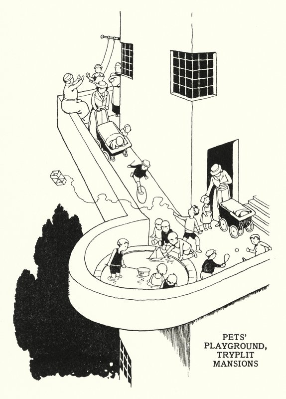Speelplaats voor Huisdieren, Tryplit Mansions (litho) door William Heath Robinson