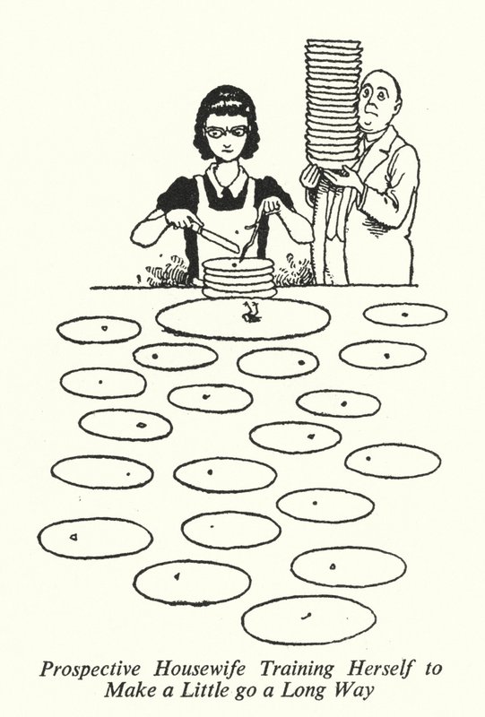Aanstaande Huisvrouw Traint Zichzelf om met Weinig Rond te Komen (litho) door William Heath Robinson