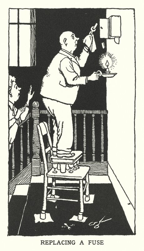 Een zekering vervangen door William Heath Robinson