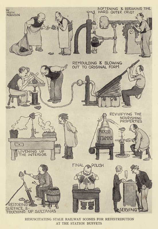 Oude spoorwegscones nieuw leven inblazen voor herverdeling bij de stationsbuffetten door William Heath Robinson