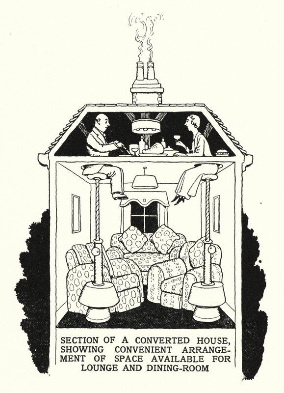 Doorsnede van een verbouwd huis, met handige indeling van de beschikbare ruimte voor lounge en eetkamer door William Heath Robinson