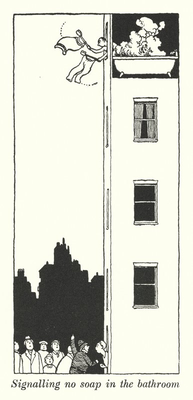 Signaal voor geen zeep in de badkamer (litho) door William Heath Robinson