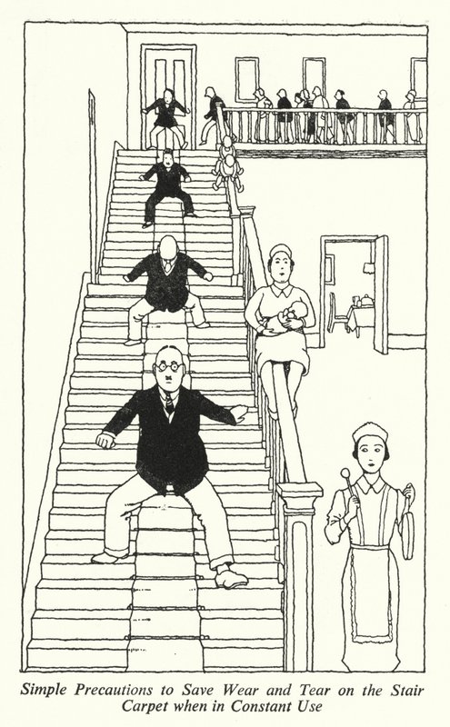 Eenvoudige Voorzorgsmaatregelen om Slijtage aan het Trapkleed te Voorkomen bij Constant Gebruik (litho) door William Heath Robinson