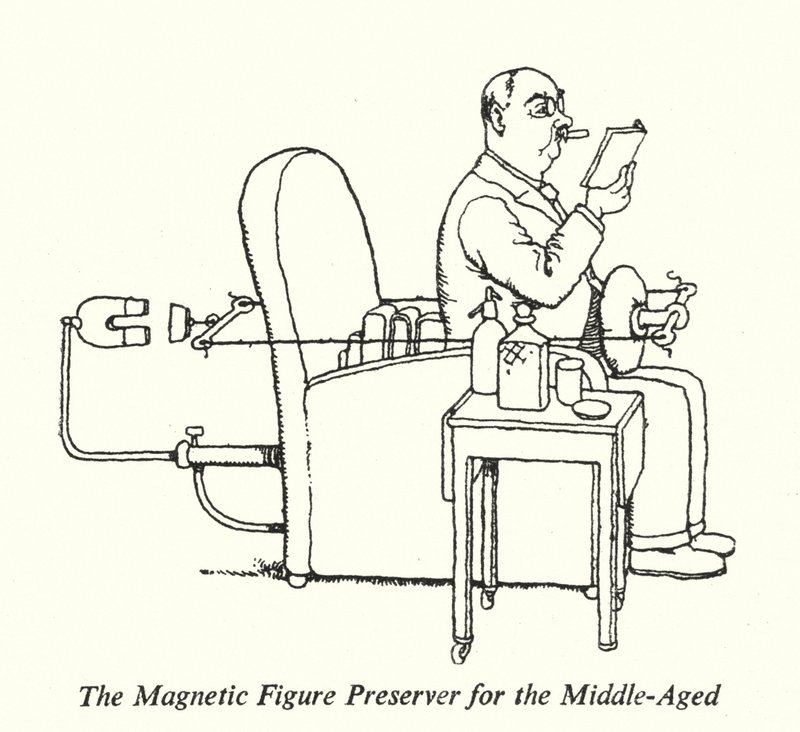 De Magnetische Figuurbehouder voor de Middelbare Leeftijd (litho) door William Heath Robinson