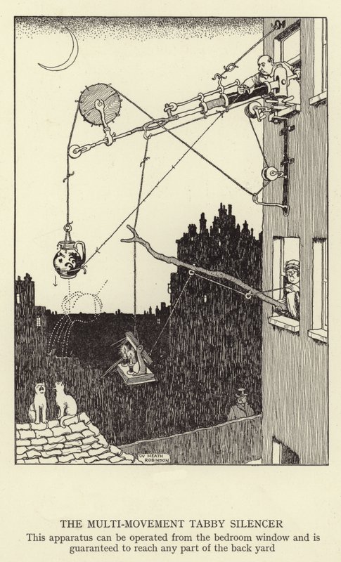 De Multi-beweging Tabby Silencer, dit apparaat kan vanuit het slaapkamerraam worden bediend en is gegarandeerd om elk deel van de achtertuin te bereiken door William Heath Robinson
