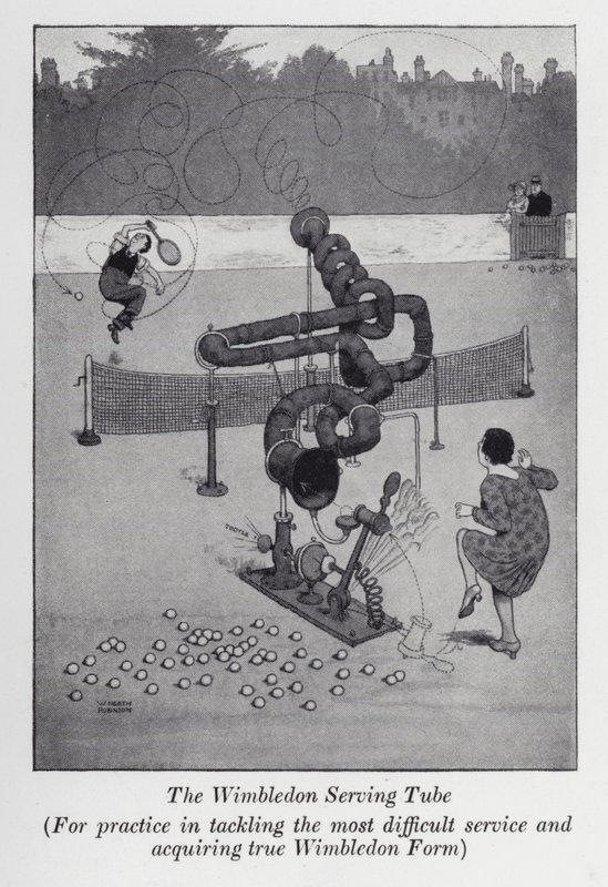 De Wimbledon serveerbuis, voor oefening in het aanpakken van de moeilijkste service en het verkrijgen van echte Wimbledon-vorm door William Heath Robinson