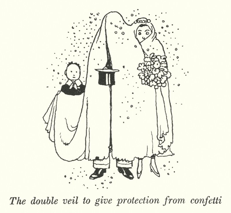 De dubbele sluier om bescherming te bieden tegen confetti door William Heath Robinson