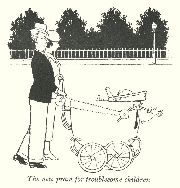 De nieuwe kinderwagen voor lastige kinderen (litho) door William Heath Robinson